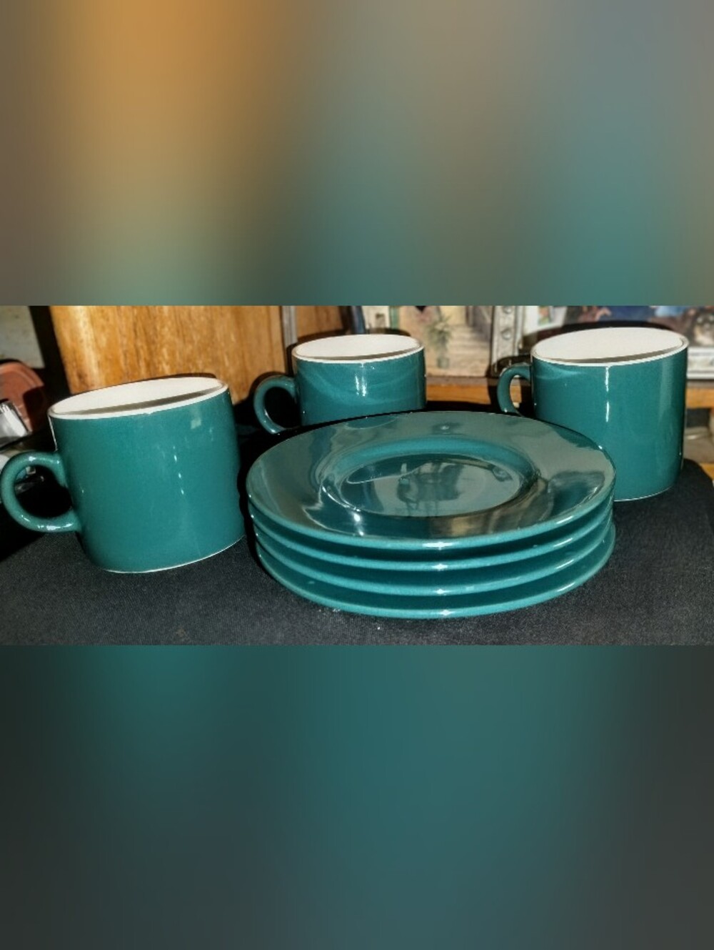 Vintage Sakura "Jewel Stone" Forest Green Mugs & Saucers Set Of 7 3mugs4saucers